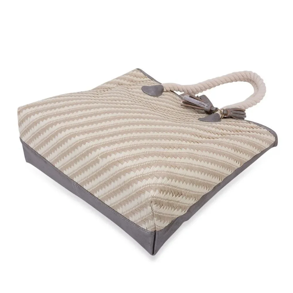J FRANCIS Tote Bag Silver and Ivory Faux Leather